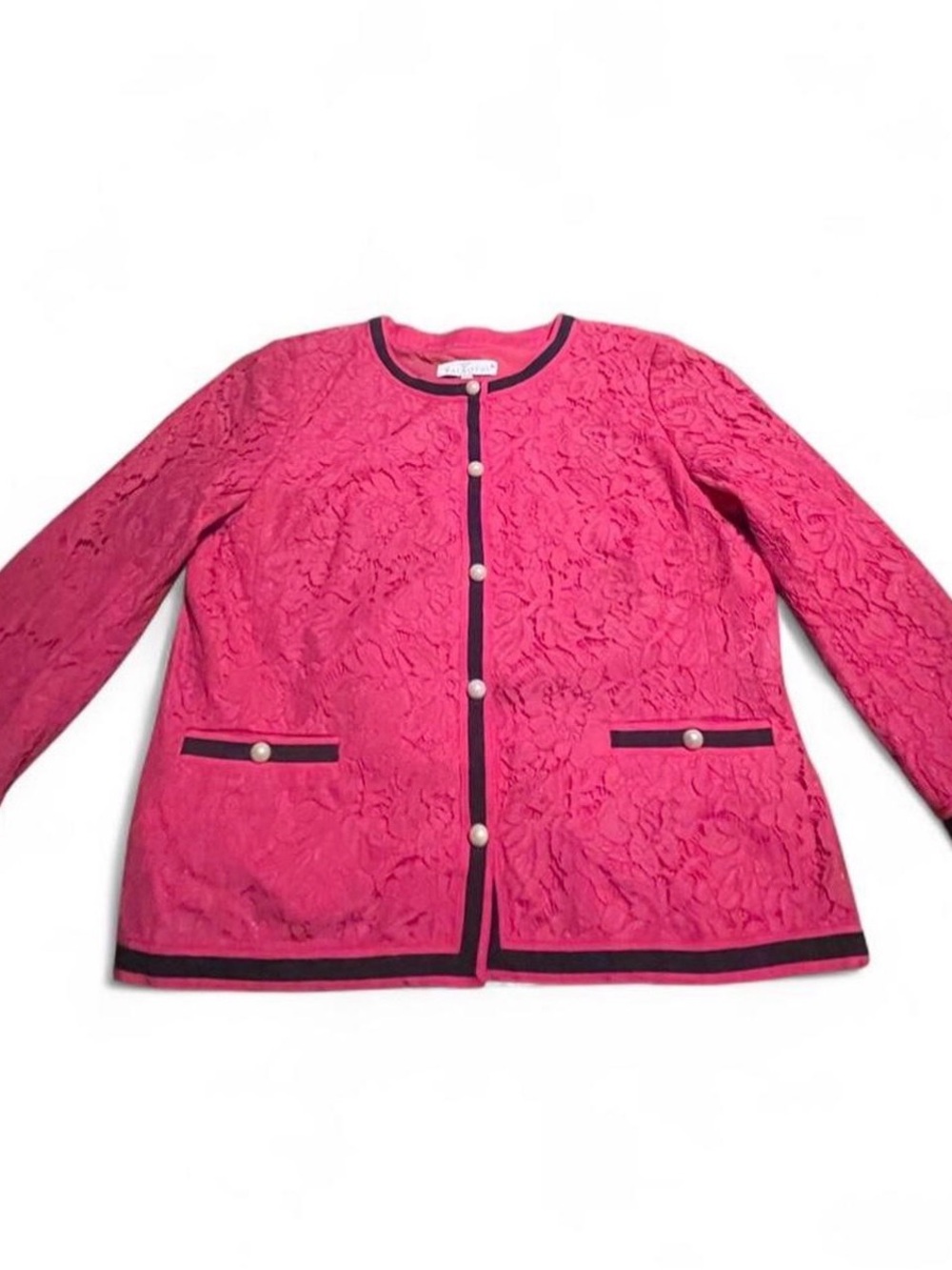 RSVP by Talbots Pink Floral Lace Blazer with Black Trim and Pearl Buttons
